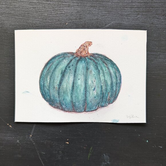 Original Watercolor Bluish Turquoise Green Minimalist Squash Painting - Picture 3 of 5